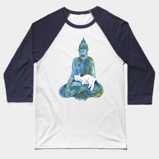 Blue Watercolor Buddha Statue with Sleeping White Cat Baseball T-Shirt